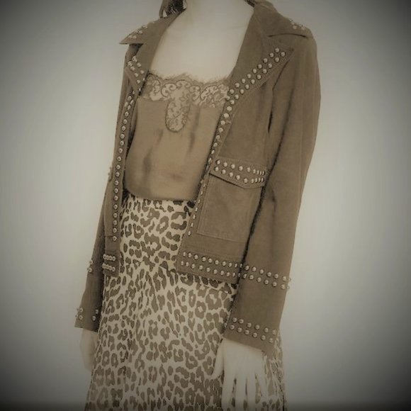 MINISTRY OF STYLE Grain Leather Suede Tan Jett Studded Jacket RRP$689 - Picture 7 of 12